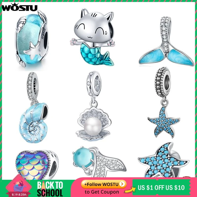 

WOSTU Hot Sale 925 Sterling Silver Fish Tail Mermaid Beads Charms Pendant Fit Bracelets Women Party DIY Fine Jewelry Gift Making