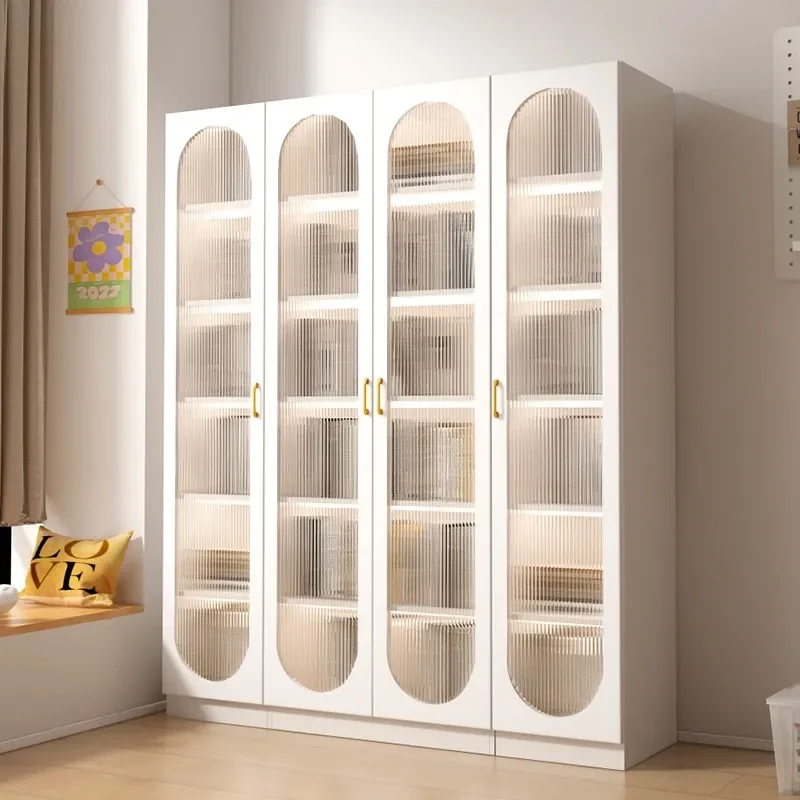 For Solid Wood and Ecological Board Bookcase with Glass Door Floor Standing Storage Locker for Living Room Children Dust