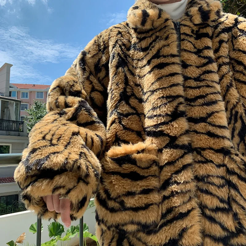 Men Winter Faux Fur Furry Coat Loose Male Leopard Print Tiger Stripe Jacket Oversize Boys Harajuku Outerwear Xxxl Windbreaker