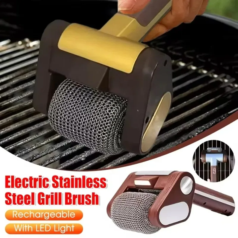 Brosse électrique en acier inoxydable pour grill, brosse de nettoyage rechargeable de type rouleau pour barbecue avec lumière LED, outil de nettoyage pour barbecue à brosse métallique