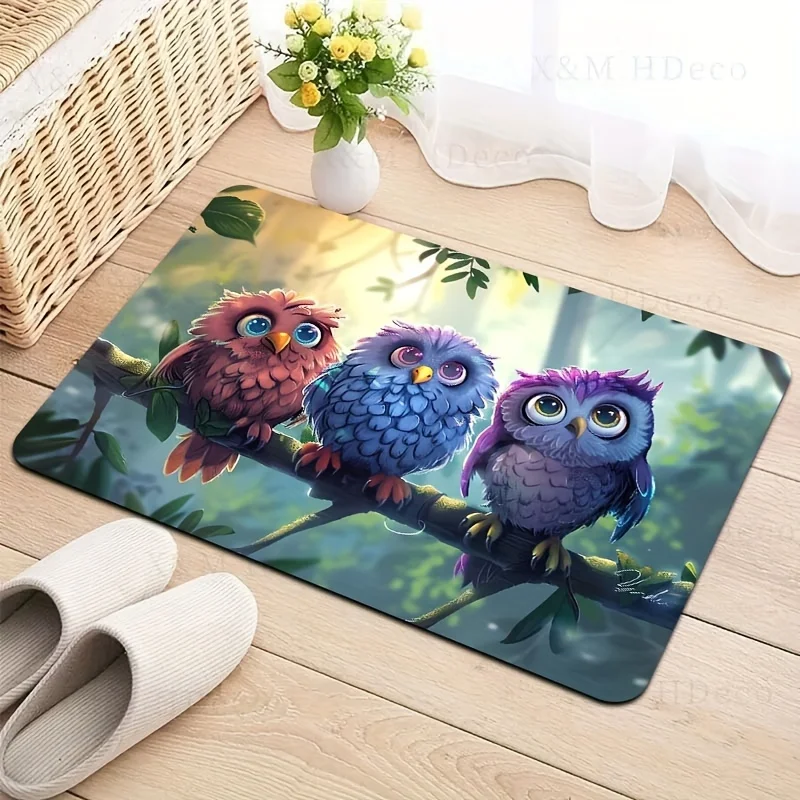 Three Whimsical Owls Kitchen Mat: Soft, Thick, and Machine Washable - Perfect for Entryways, Kitchens, or Living Rooms