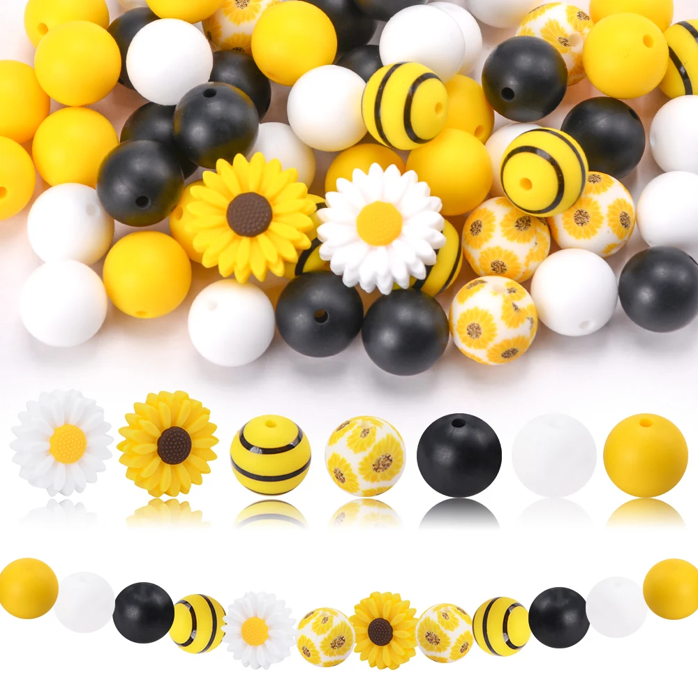 LOFCA 57pcs 22mm Daisy Flowers Loose silicone beads Arch beads for necklaces DIY silicone  necklaces Jewelry accessories