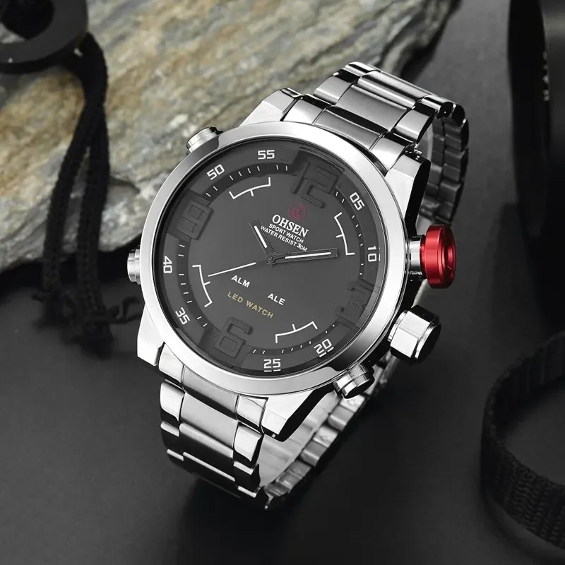 OHSEN Men Watches Men Sports Watches Black Stainless Steel Dual Display Quartz Watches Men Military Army Watches 30M Waterproof