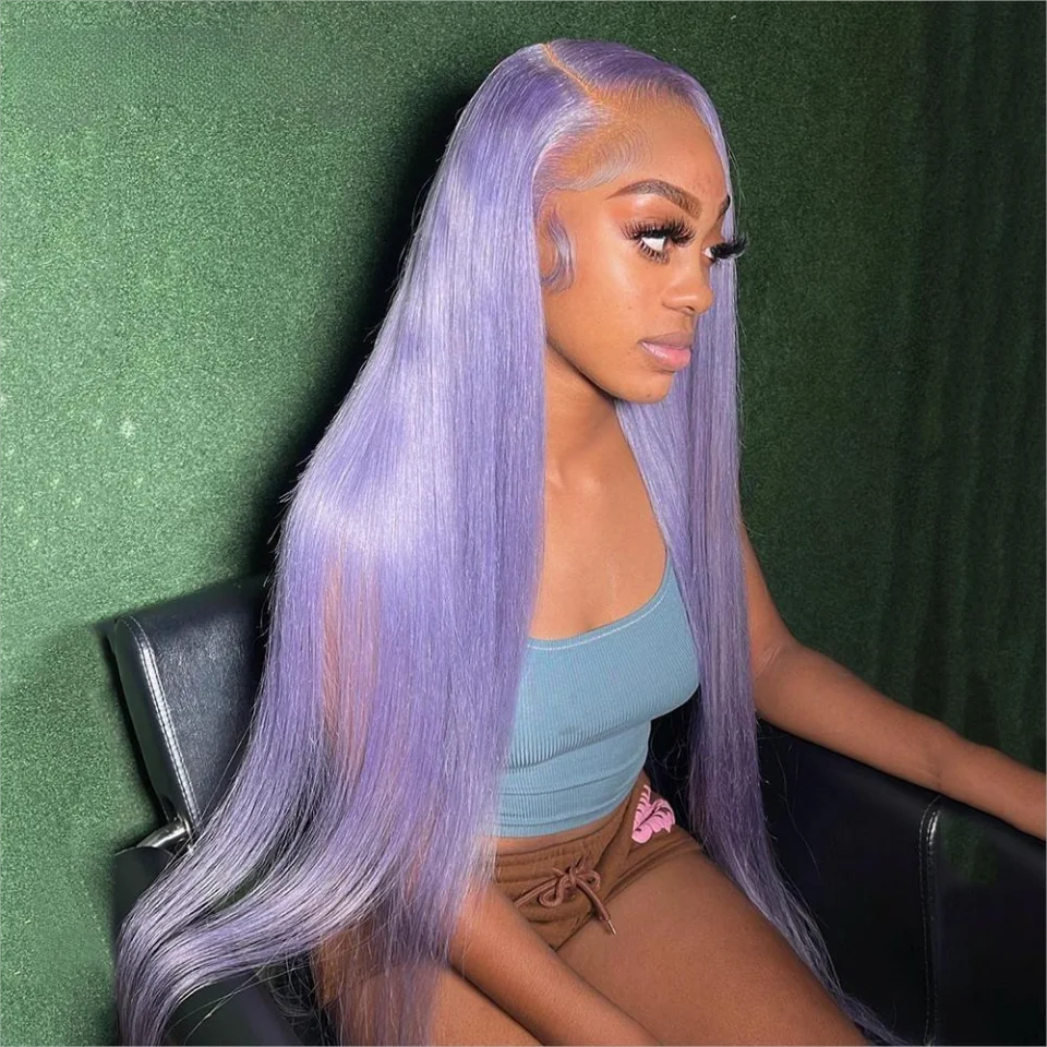 

Cosplay Colored Light Purple Long Straight Transparent 13x4 Lace Frontal Wigs 200 Density Brazilian Human Hair Wig For Women