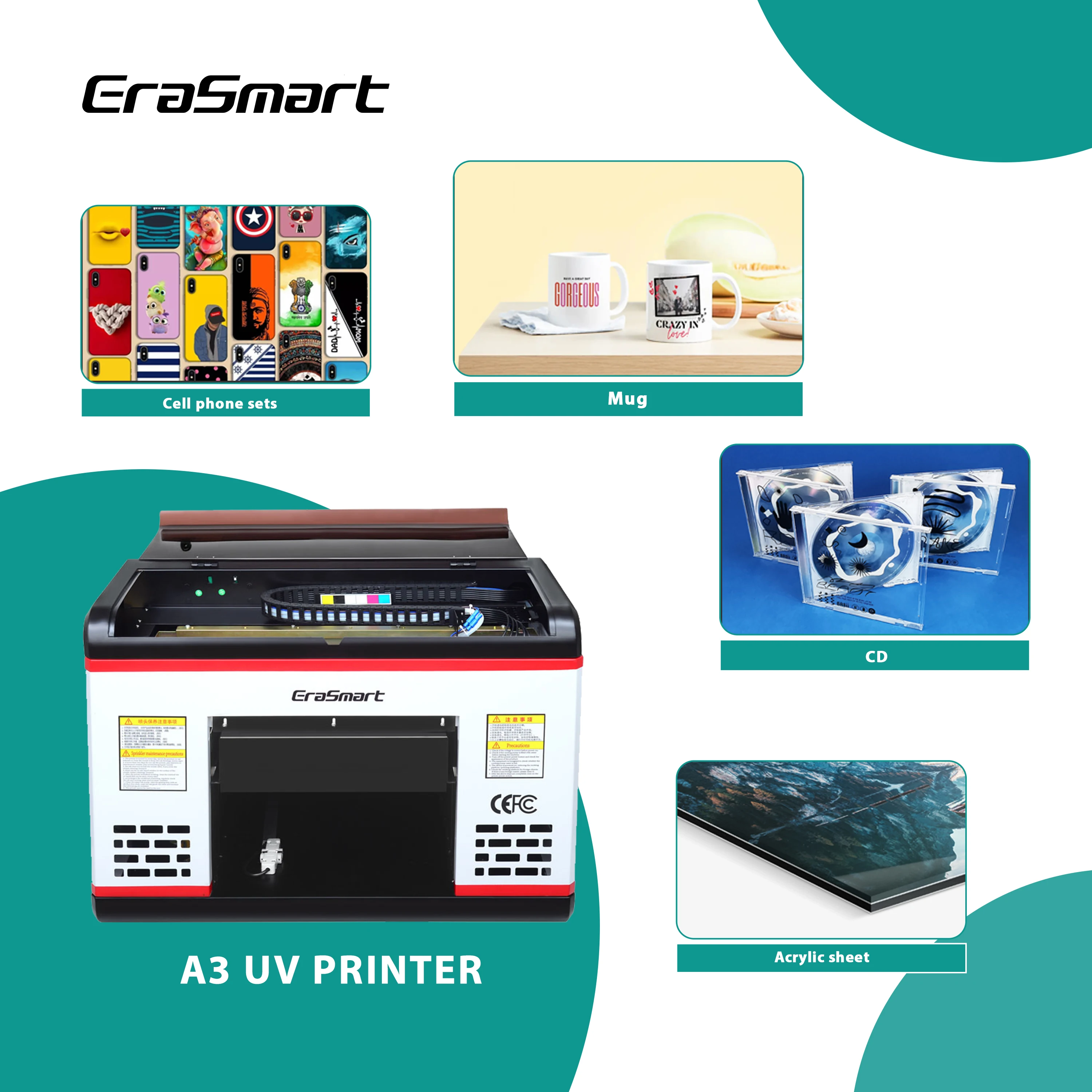 EraSmart A3 Desktop Flatbed UV พิมพ์สำหรับโทรศัพท์กรณี