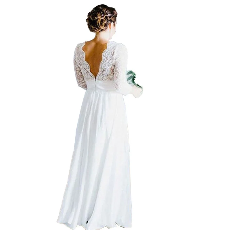 Outono novo vestido de casamento sexy elegante profundo v renda sem costas praia simples vestidos de casamento leves