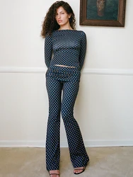 Fantoye Printed Polka Dots Two Piece Sets Women Pant Sets Blue Long Sleeve T-shirt Long Pant Female Winter Slim Casual Pant Suit
