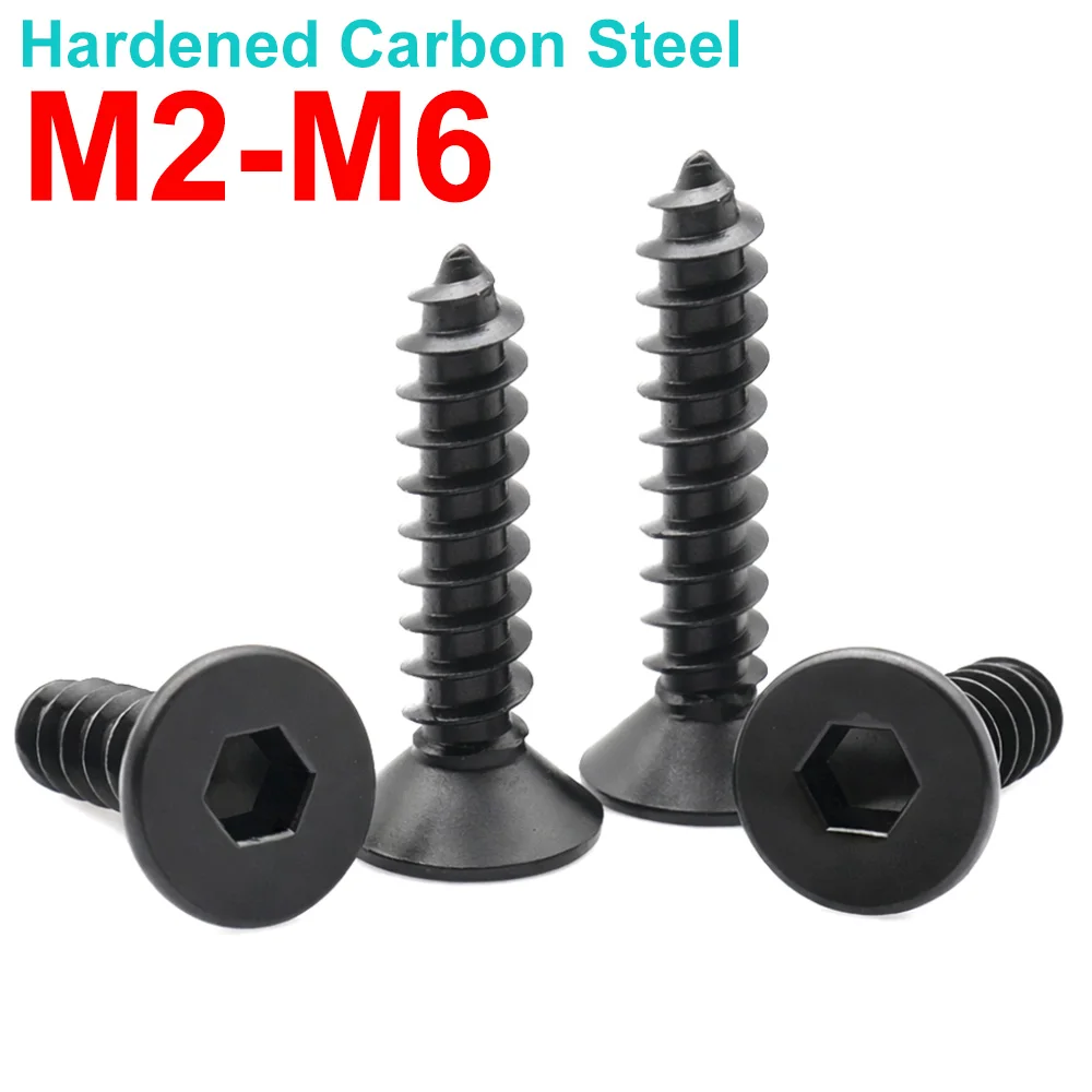 10-50pcs Black Carbon Steel Hex Socket Flat Countersunk Self Tapping Screws Allen Metric M2 M2.3 M2.6 M3 M4 M5 M6 Machine Screw
