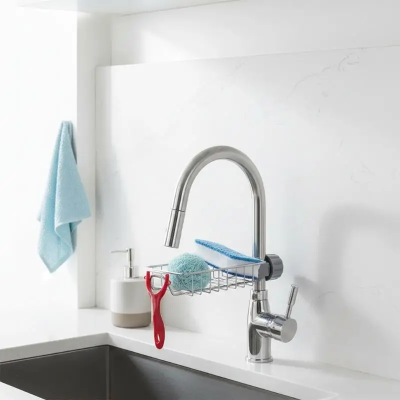 Stainless Steel Kitchen Sink Drain Rack Adhesive No Punch Sponge Faucet Holder Kitchen Countertop Storage Organizer