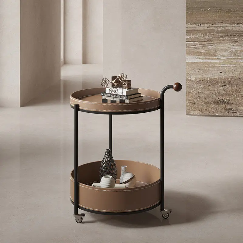 Italian-style minimalist living room, movable sofa side table, coffee table, home small round table, creative saddle leather