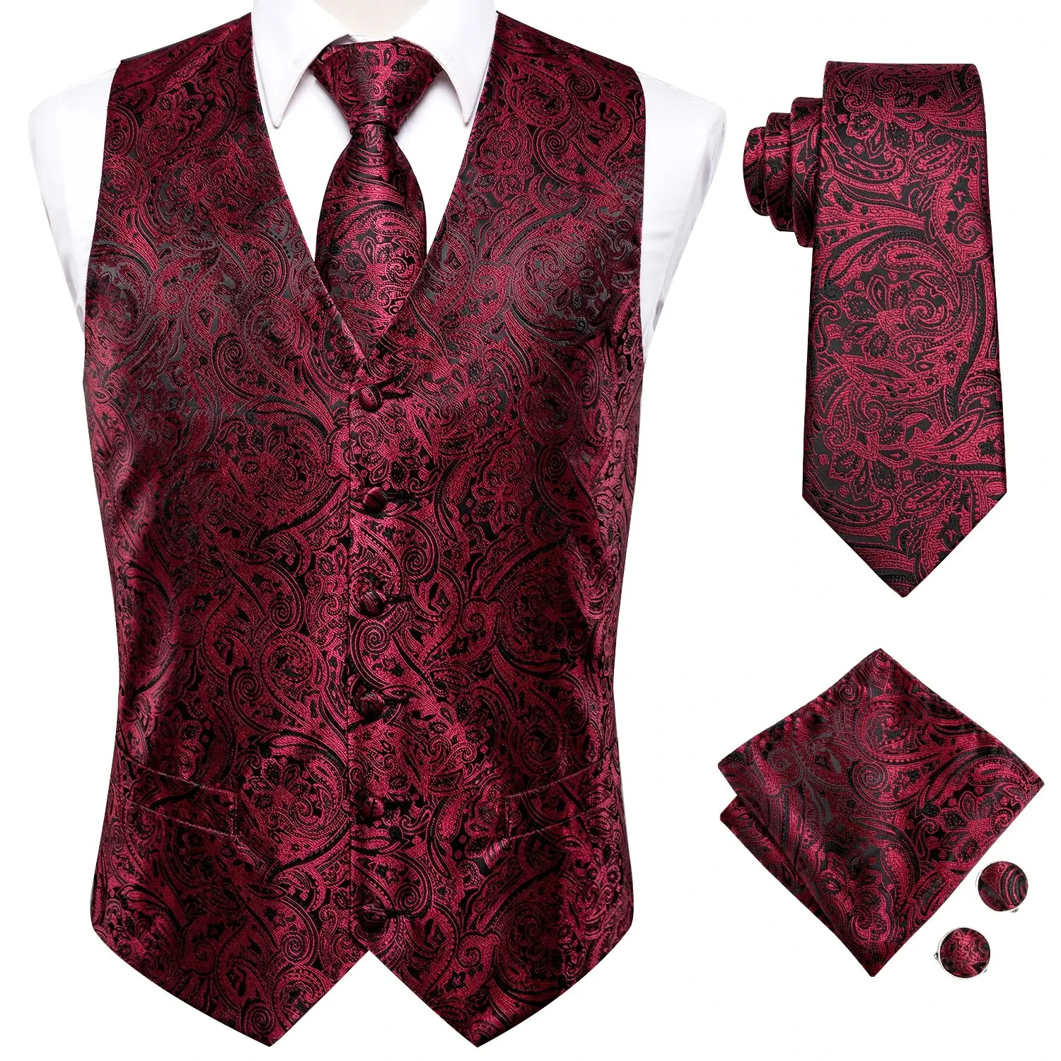 Hi-Tie 4PC Silk Men\'s Vest With Tie Hanky Cufflink Business Formal Dress Slim Sleeveless Jacket Burgundy Paisley Suit Waistcoat