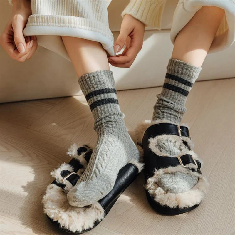5/10 Paar Damen Herbst-Winter gestreifte mittelhohe Socken, warm, bequem, modisch, College-Stil, dreidimensionale Textur, lässige Socken – Detail 9