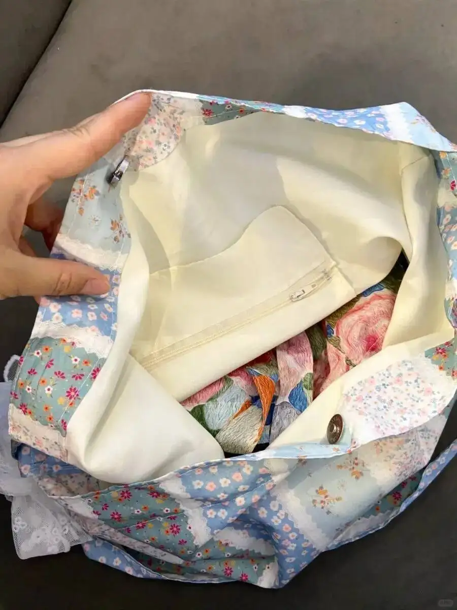 Bloom Fairycore Floral Large Capacity Handbag Purse Women Summer Portable Canvas Shoulder Bags Ladies Casual Shopping Bag Chic