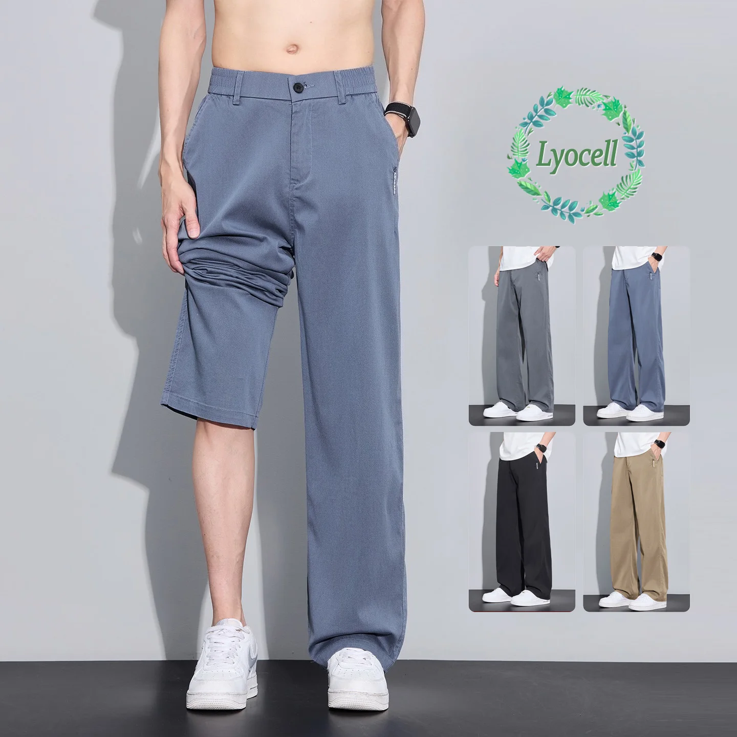 Men's Summer Casual Pants Lyocell Fabric Baggy Straight Breathable Stretch Pants Work Solid Color Trousers Man Brand Clothing