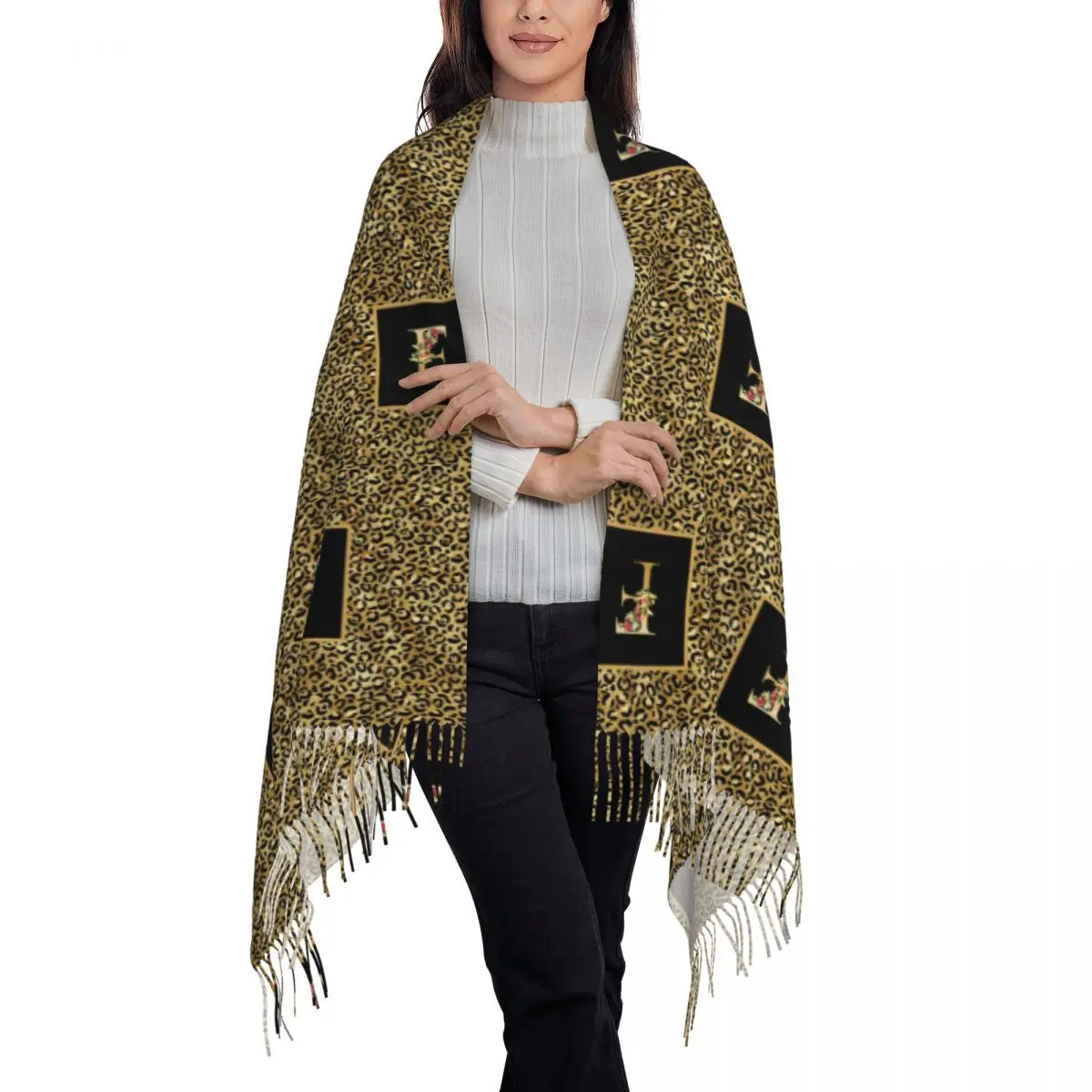 Custom Stylish Leopard Pattern Letter Tassel Scarf Women Winter Fall Warm Shawls Wraps Ladies Scarves