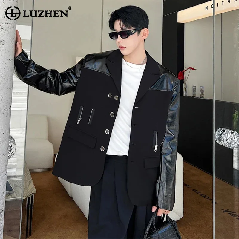 

LUZHEN 2024 New Fashion Leather Splicing Zipper Decorate Design Elegant Casual Blazer Jacket Men Trendy High Street Coat LZ5733