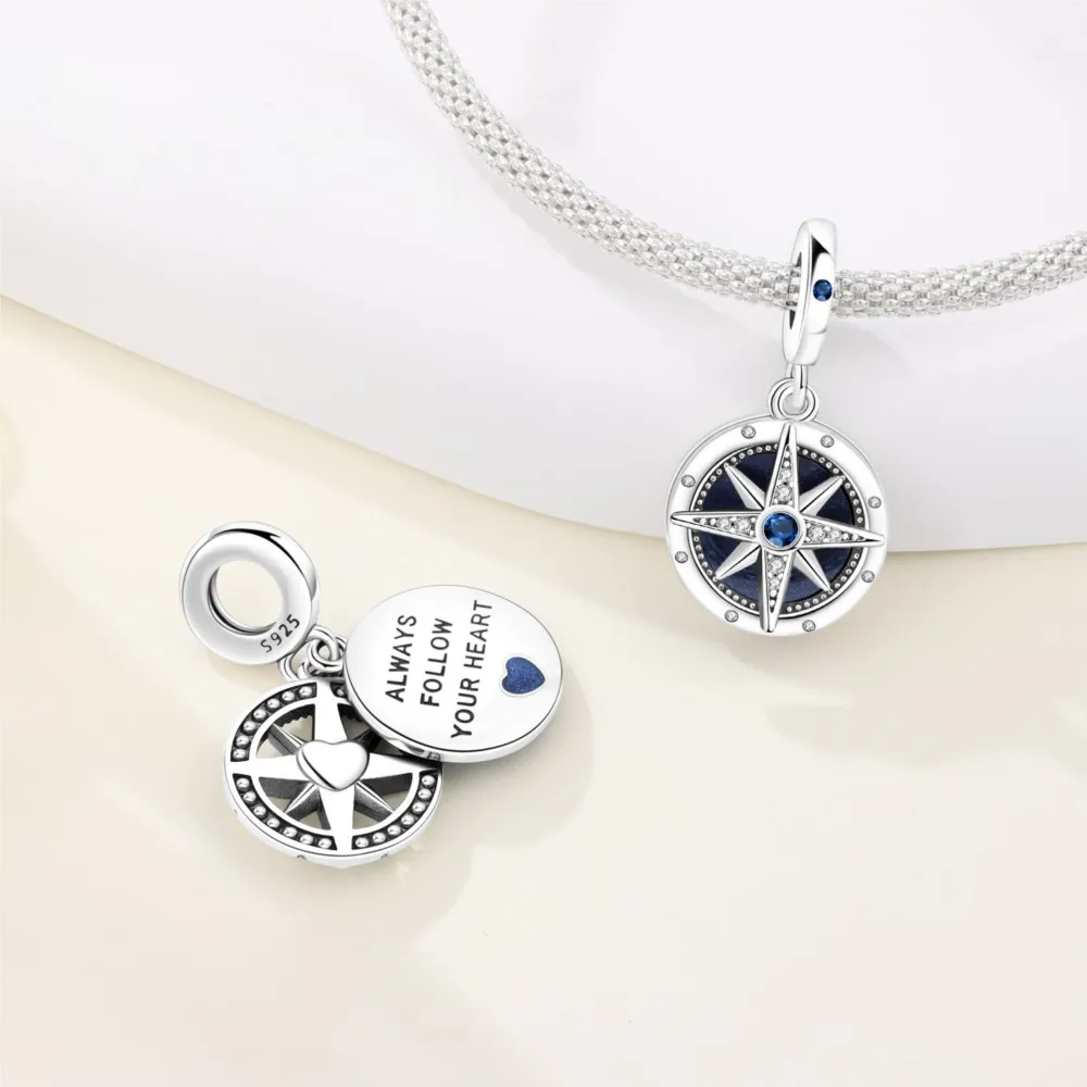 New 925 Sterling Silver Blue Star Compass Pendants Bracelet Charms Fit Jewelry Party Beads DIY Fine Gifts Accessory view 3