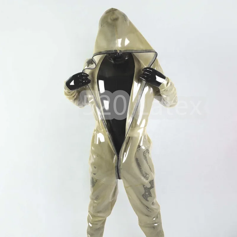 Latex Rubber Transparent Catsuit Sportswear Hoodie Bodysuit Men's Jumpsuit Front to Crotch Zip Unisex Latex Raincoat No Gloves