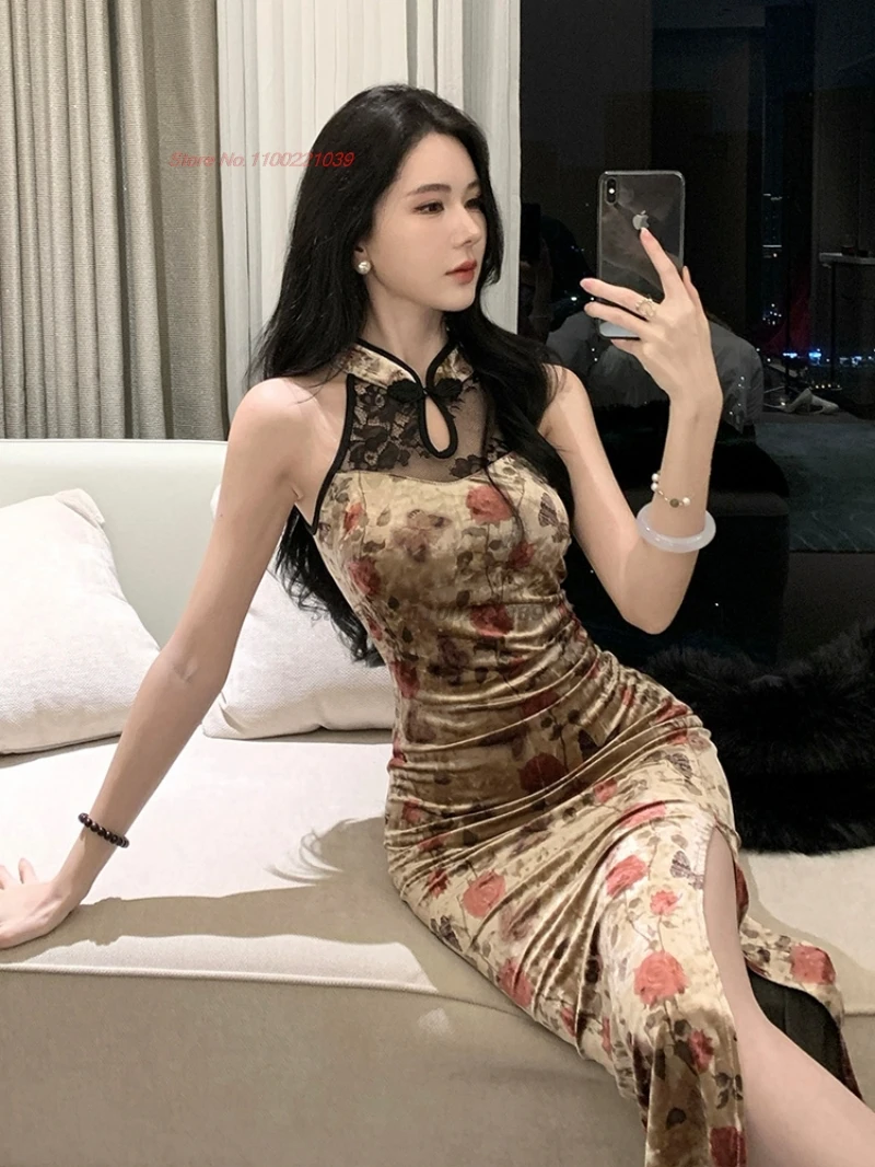

2025 chinese sexy velvet cheongsam flower print sleeveless qipao dress vintage evening party banquet dress qipao nightclub dress