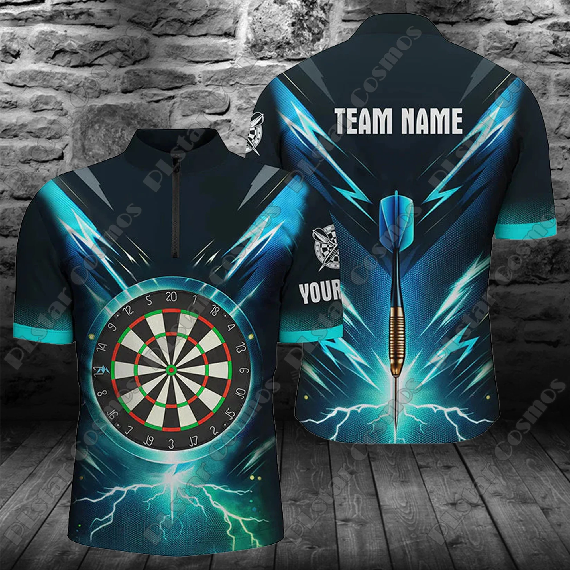 Personalized Name Blue Lightning Thunder Darts & Darts Board Fire Flame 3D Printed Men Summer Zip Polo Shirt Dart Jerseys XKP04