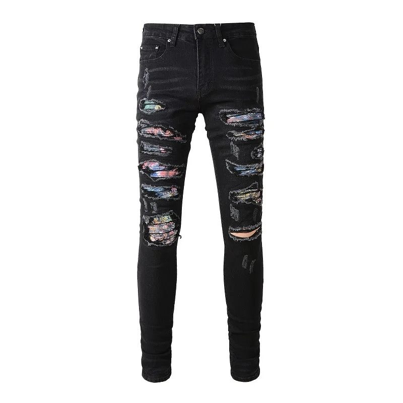 

Men Cracked Patch Biker Jeans Stretch Denim Skinny Tapered Pants Streetwear Patchwork Black Trousers