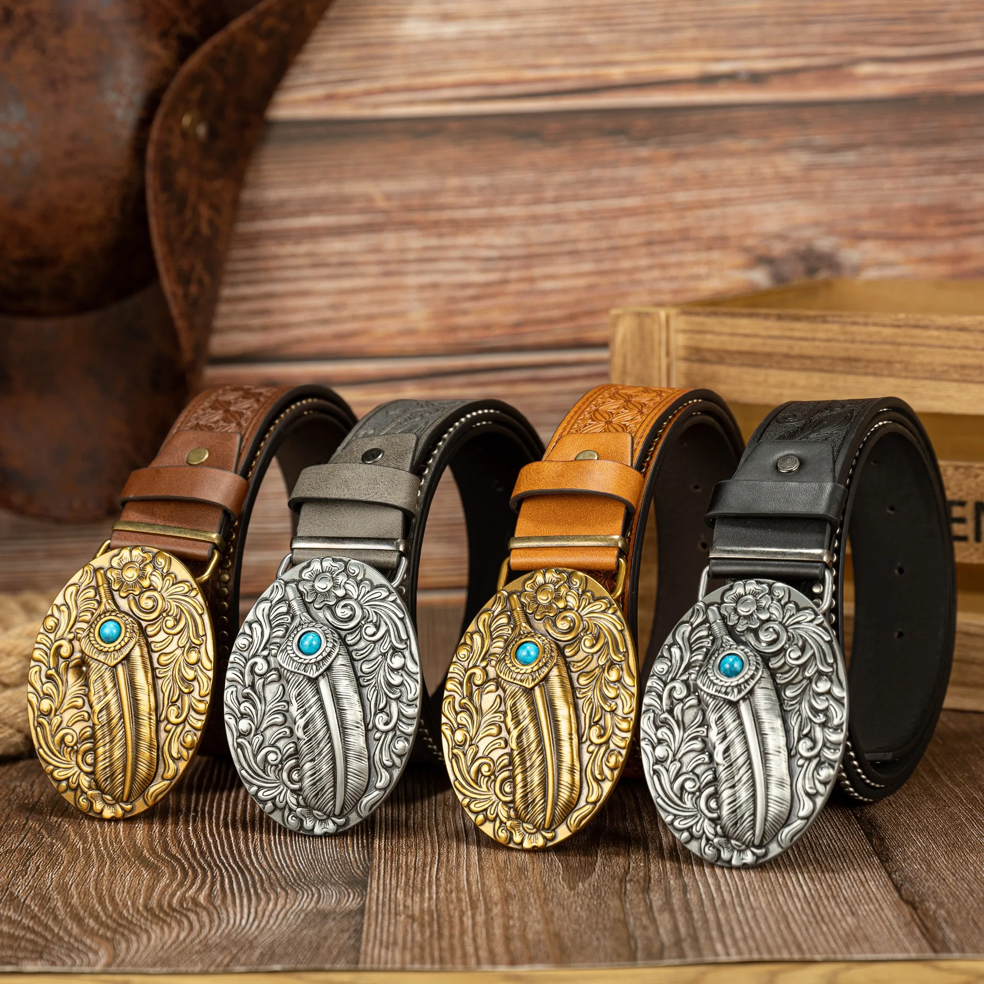 Three-dimensional feather sapphire buckle fashion hundred feather window cut PU embossed riveted belt