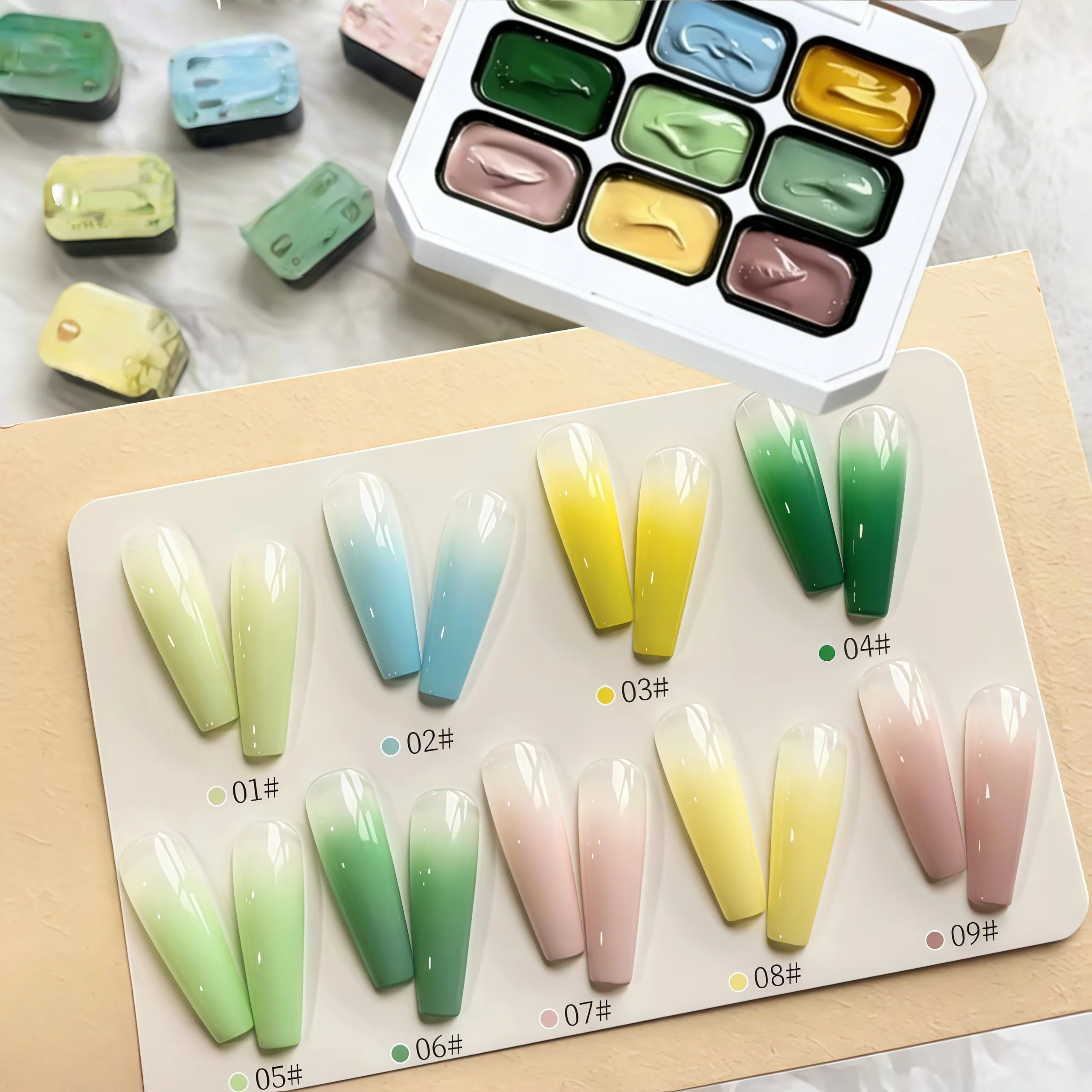 Esmalte de uñas sólido de 9 colores, rojo pasta de frijol, verde claro, pegamento de pintura amarillo, alta saturación utilizado para decoración de uñas, popular en verano.