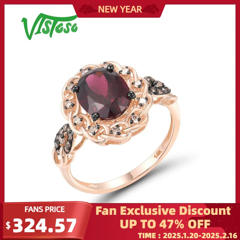 VISTOSO Pure 14K 585 Rose Gold Ring For Women Sparkling Rhodolite Garnet Brown Diamond Solitaire Ring Gorgeous Fine Jewelry