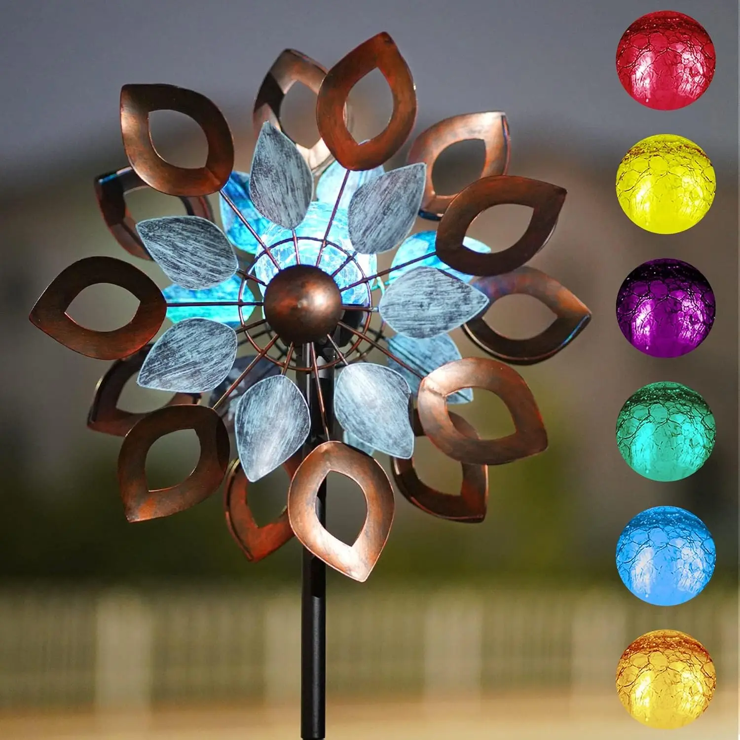 

74-Inch Solar LED Wind Spinner with Kinetic Dual Blades for Outdoor Garden Decor, Bronze Leaf Design