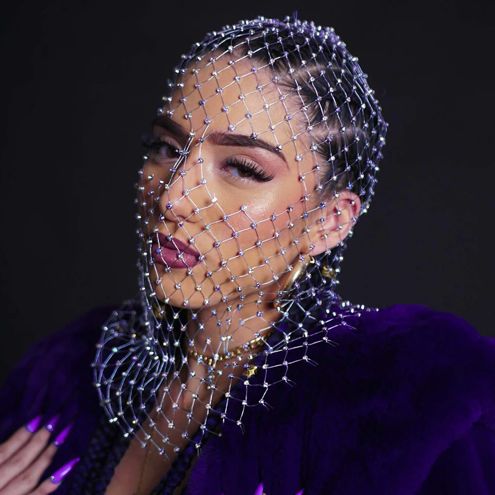 Shiny Balaclava Elastic Rhinestone Headcover Fishnet Mesh Headhood Holiday Party Head Mask Bar Nightclub Diamond Headwrap Hood