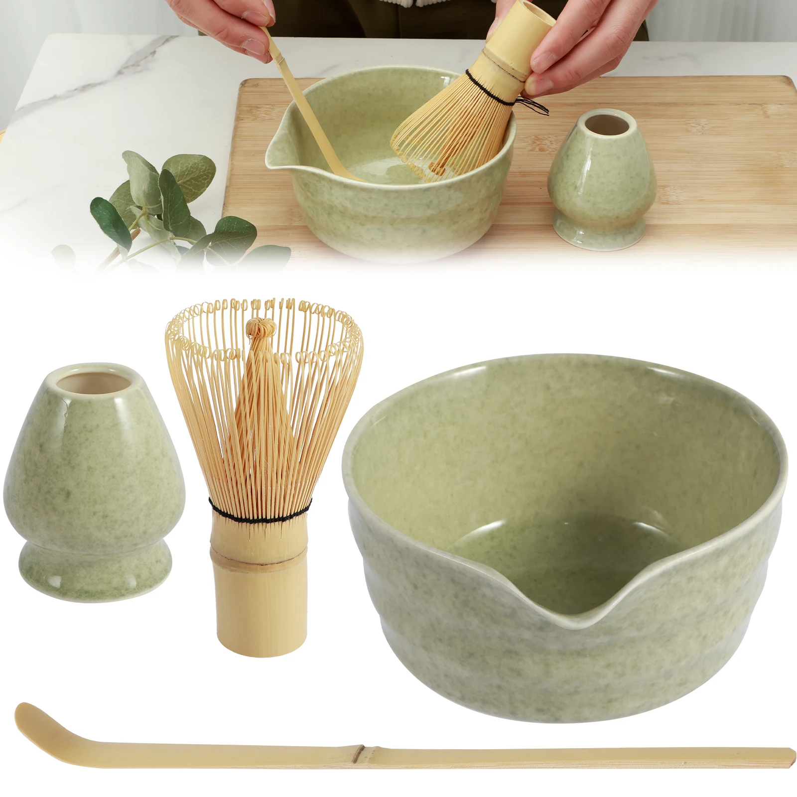 4Pcs Japanese Matcha Set with Ceramic Bowl Bamboo Matcha Whisk and Tea Scoop for Tea Lovers Gifts Tea-making Tools Accessories