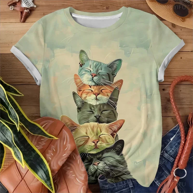 T-shirt d'été à manches courtes pour femmes, imprimé chat 3d, mode tempérament élégant, Streetwear, vêtements féminins populaires