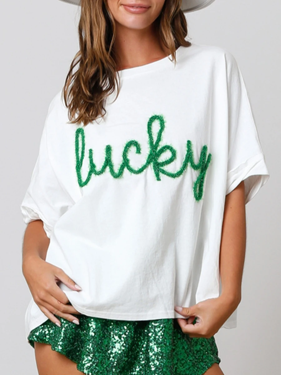 Fashion Letter Patchwork Print Short Sleeve Round Neck T-Shirts Wome Irish Tops Blouses Aesthetic Clothes