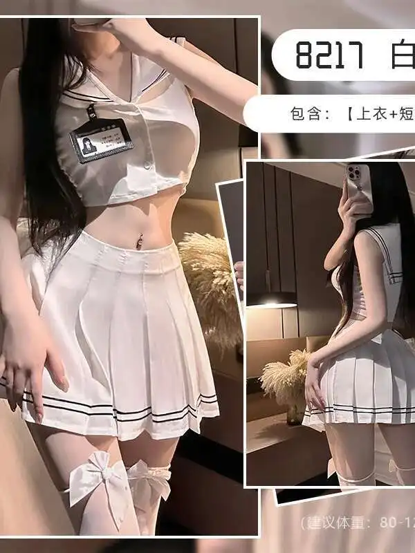 Conjunto JK estilo Academia para mujer, Top sin mangas con cuello azul marino, puro deseo, conjunto de vestido de dos piezas para chica, encantador y dulce fuego 0CM9