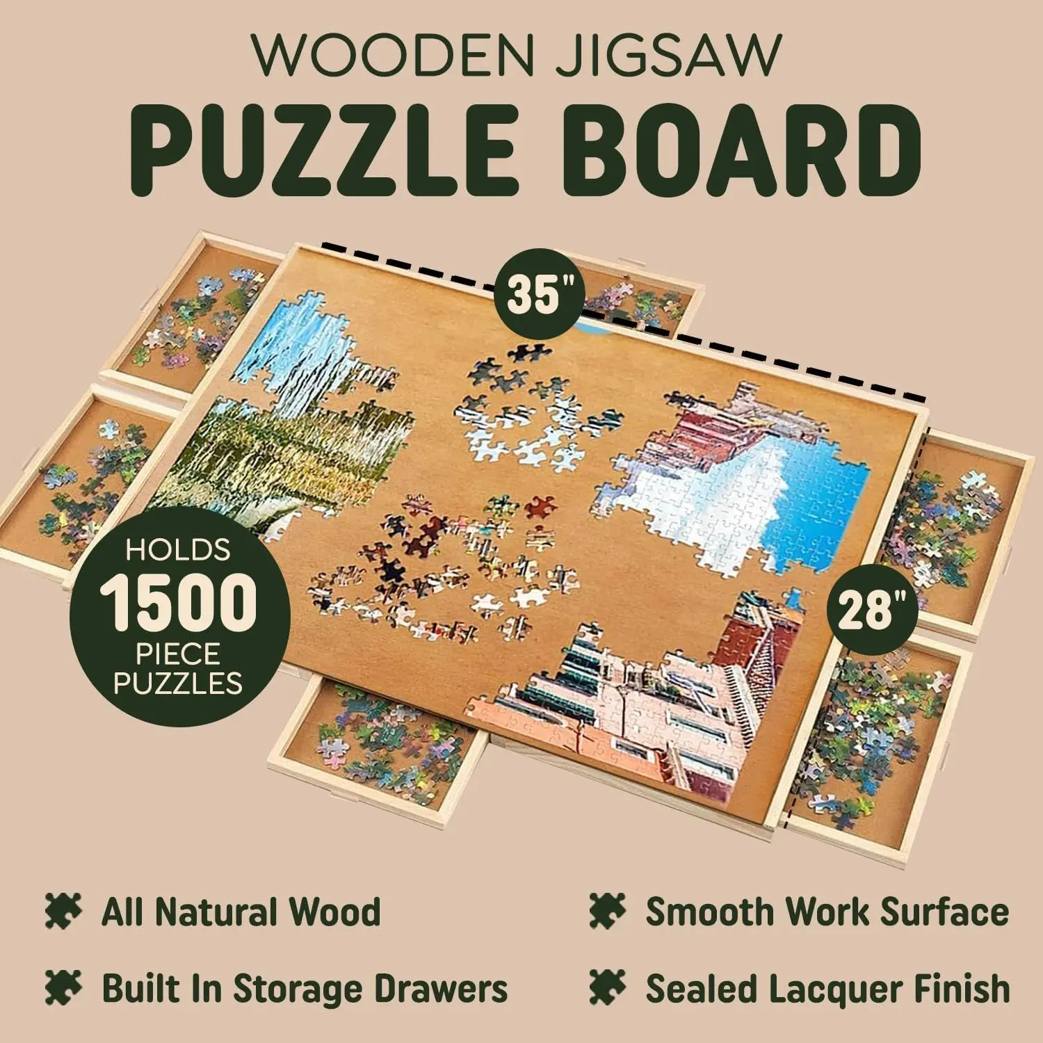 1500 Piece Wooden Jigsaw Puzzle Board, 6 Drawers, Rotating Puzzle Table, 35