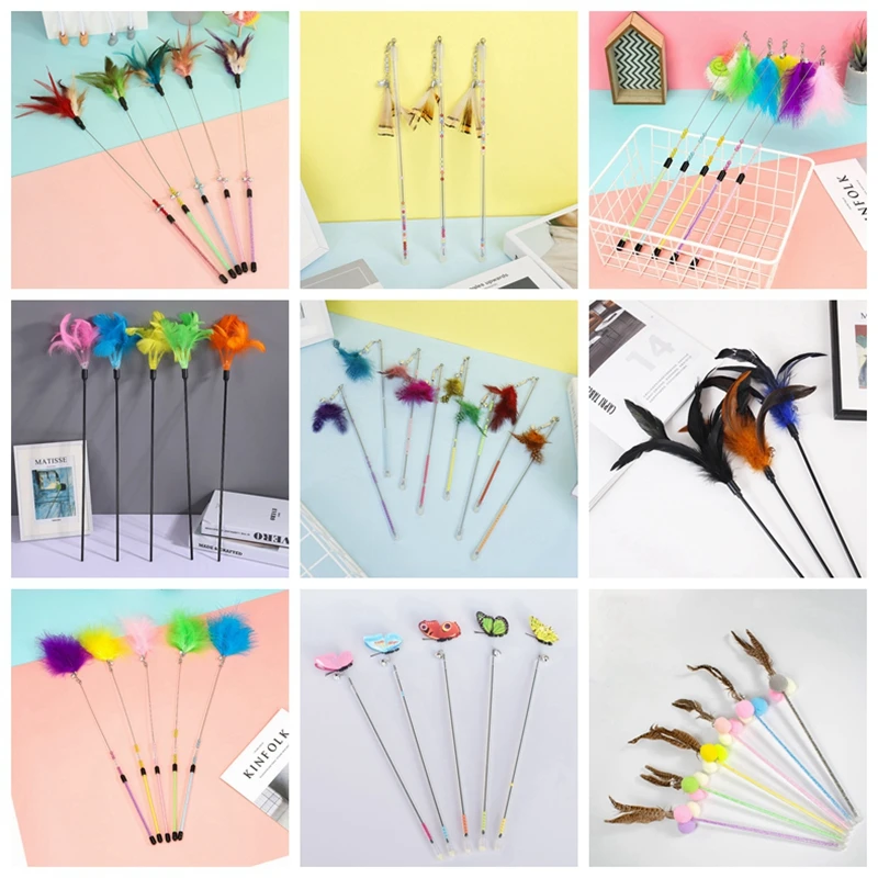 1~50PC Teaser Gradient Color Feather Toys Funny Colorful Rod Cat Wand Toys Plastic Cat Toys Interactive Stick Cat Supplies