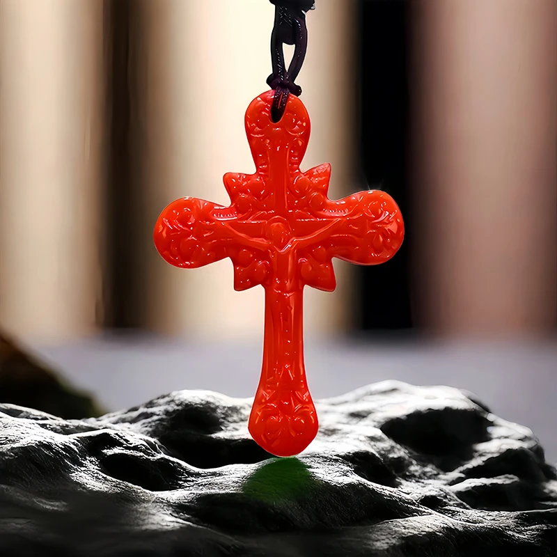 Red Real Jade Cross Pendant Necklace Natural Gifts for Women Chinese Men Stone Accessories Charm Carved Jewelry Fashion