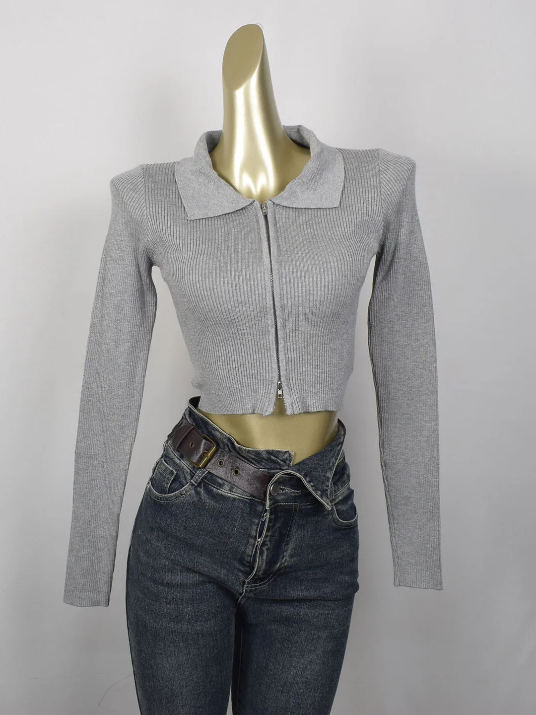 

Slim Fit Knitted Short Cardigan Double Zipper Long Sleeve Turn-down Collar Sexy Belly-baring Trendy Top for Young Women