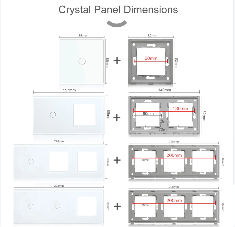 BSEED UK EU RU Standard Crystal Glass Panel Frames 1/2/3Gang 1/2Way Wall Touch Switch Base Wall Socket Function Part DIY Part