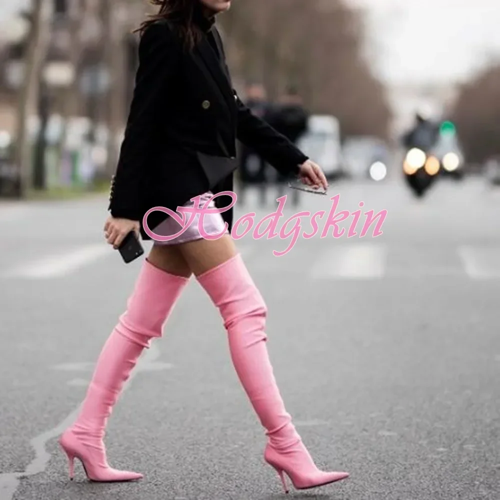 Elastic Fitted Silk Boots Pointy Toe Solid Women Sexy Shoes Stiletto Heels Over the Knee Spring Slip on Party Dress New Style
