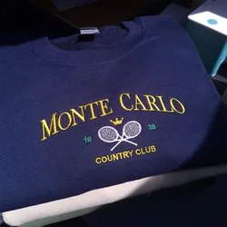 Monte Carlo-Sudadera bordada con cuello redondo para hombre y mujer, Jersey de algodón grueso y cálido, Estilo Vintage, para amantes del tenis, para otoño