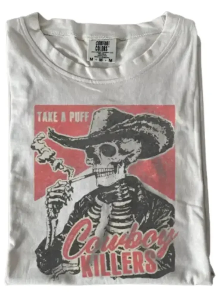 

Unique Skeleton Cowboy Tee Take A Puff Cowboy Killers Artwork Edgy Vintage Inspired Top for Casual Daily Wear and Fashion