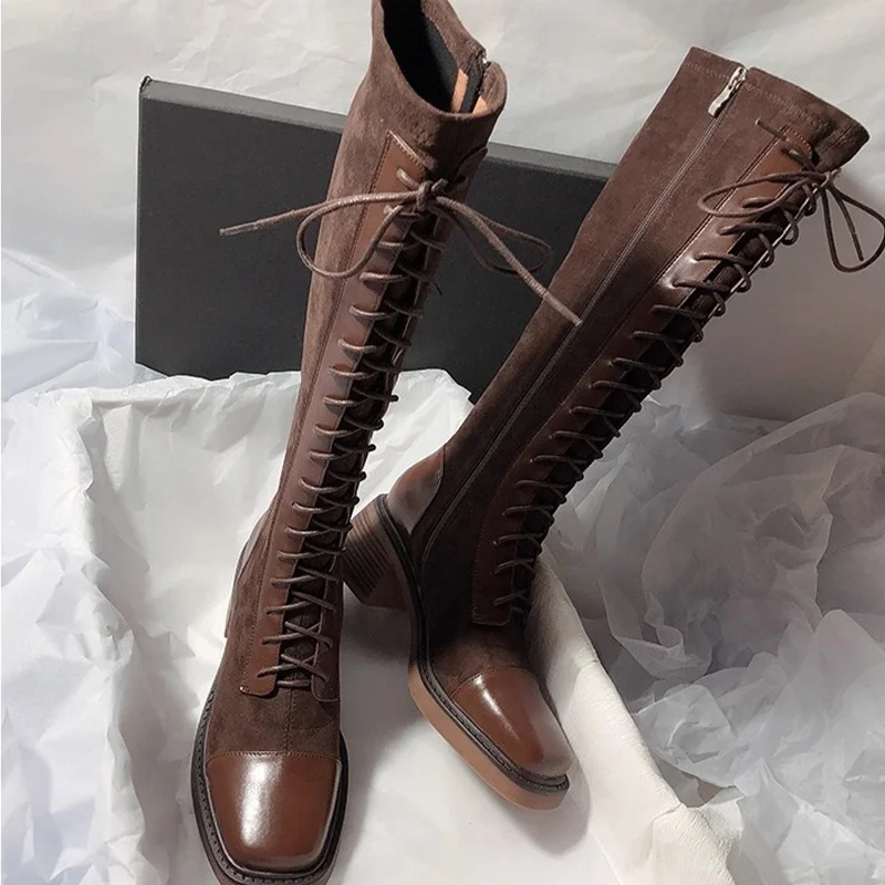 

2026 New Knee-Length Boots Round Toe Medium Heel Laced Fashion Women's Boots Riding Boots Long Boots