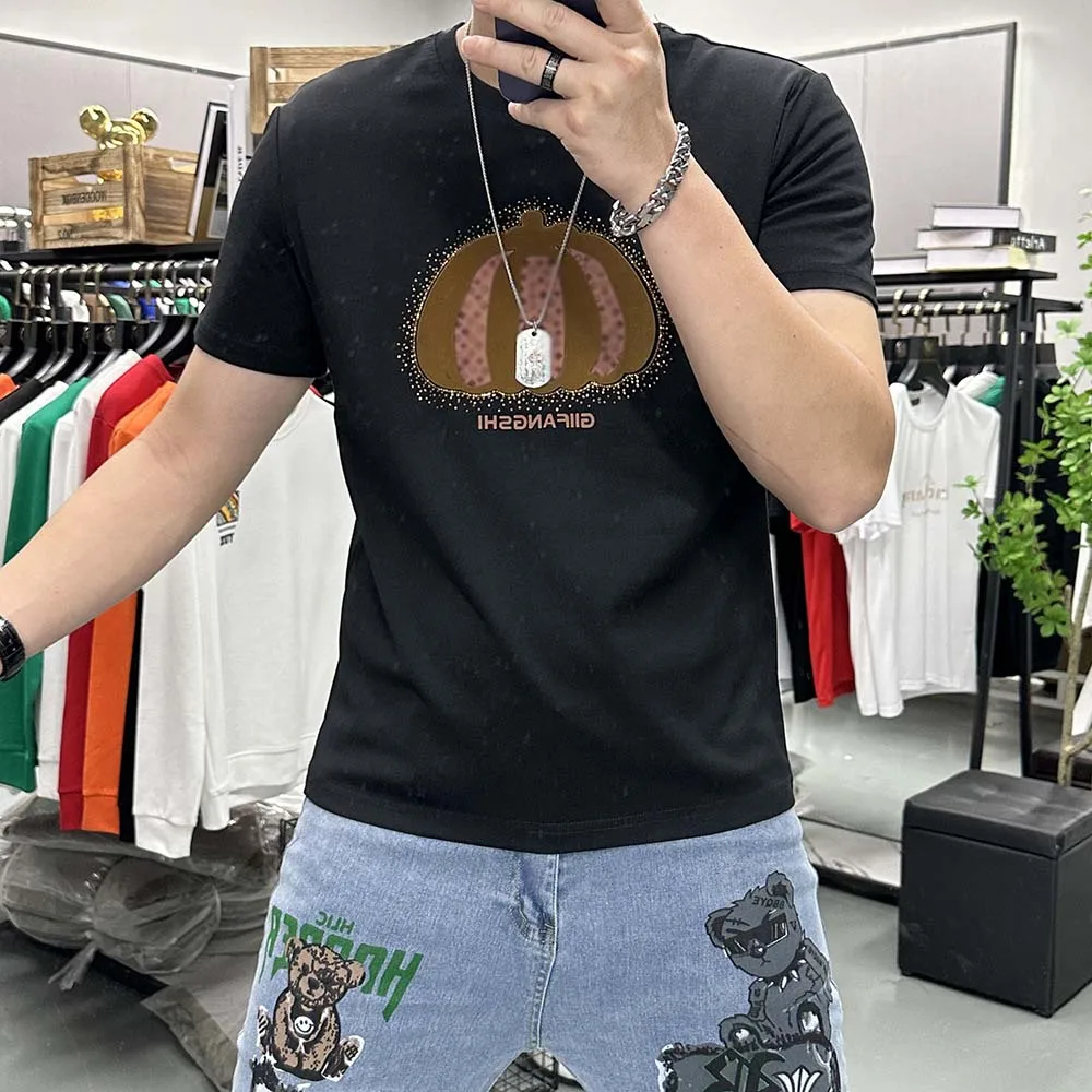 New Pumpkin T-shirt Men's Rhinestone Flocking Fashion Trend Brand Round Neck Unisex Tees Cotton Luxury  Large Size  Man Clothing