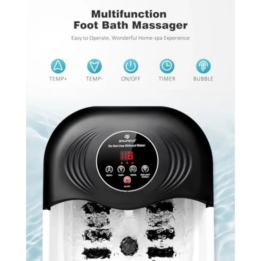 حمام سبا محمول قابل للطي للقدم مع تدليك فقاعات الحرارة العلاج بالضوء الأحمر التحكم في درجة الحرارة 8 بكرات شياتسو حجر الخفاف