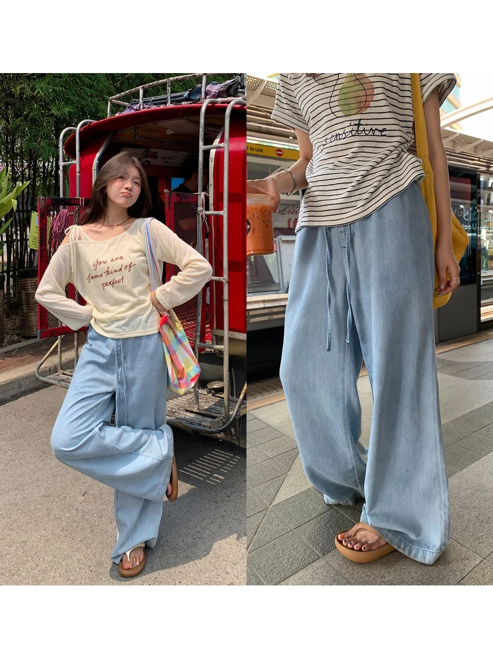 

Sisilyon Summer Soft Lyocell Cotton Elastic Waist Wide Leg Jeans Women's Lazy Long Trousers Casual High Waist Pocket Design