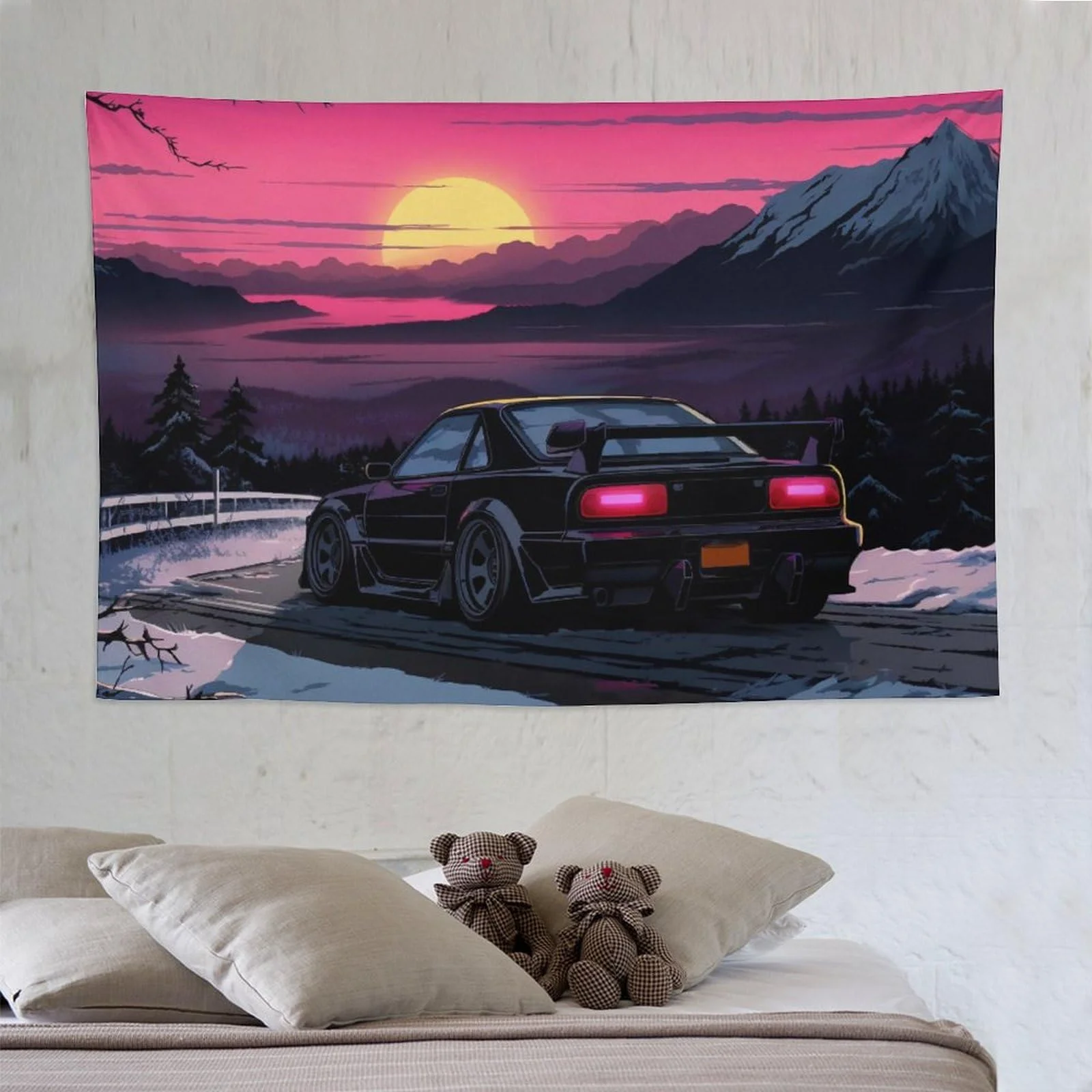 VIKAMA Purple Car Tapestry - Neon Lights, Cityscape, Vibrant Colors & Urban Atmosphere for Modern and Stylish Home Decor