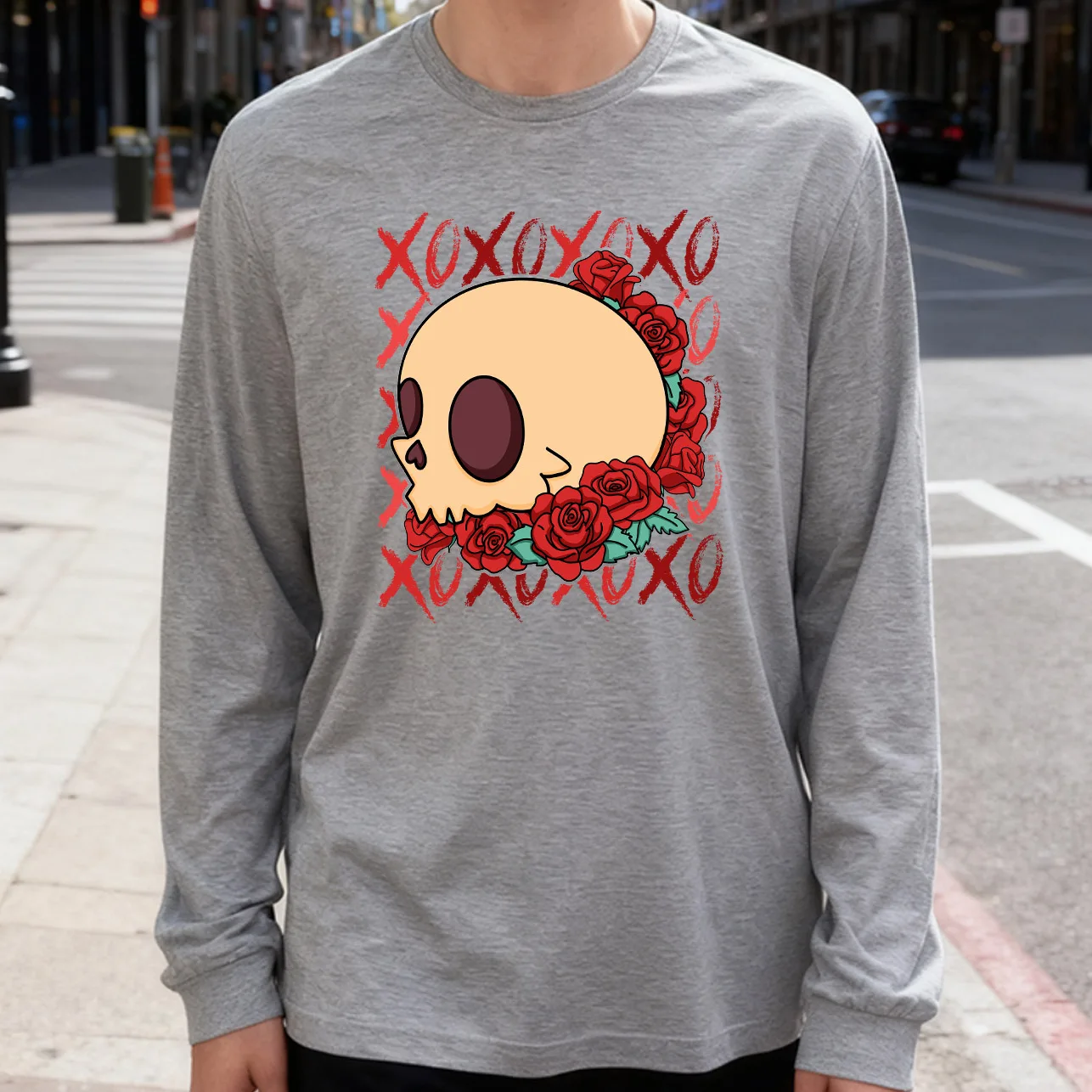 Rose Skull Men's Long Sleeve T-Shirt 180g 100% Cotton Printed Crew Neck Casual Daily Wear Soft and Breathable