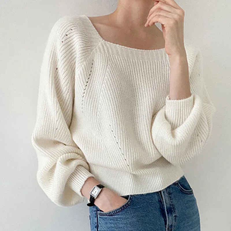 Korean Chic French Retro Square Neck Exposed Collarbone Pullover Loose Casual Long Sleeved Knitted Sweater for Women