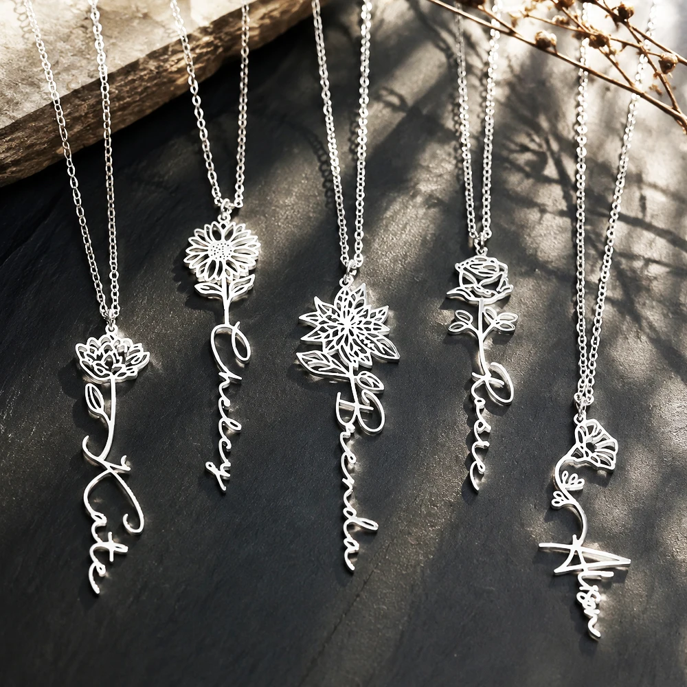 Collier personnalisé avec fleur de naissance, chaîne en acier inoxydable pour femmes, plaque nominative personnalisée, bijoux d'anniversaire pour fille